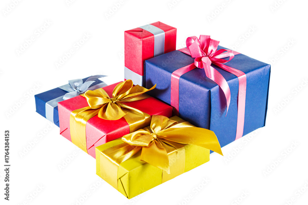 Fototapeta premium Elegant blue, gold and pink gift boxes with bows isolated on white background.