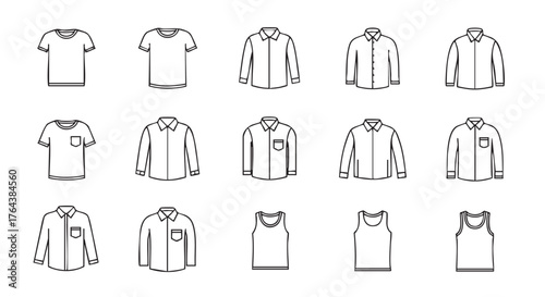 Outline vector illustration of various shirts for fashion and apparel design
