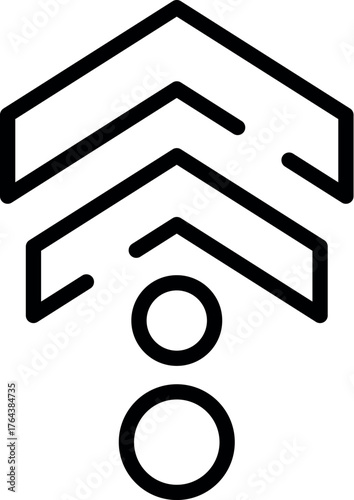 Minimalist vector illustration featuring a double arrow pointing upward, symbolizing upload, progress, and two circles below, representing data transfer in a simple and modern design