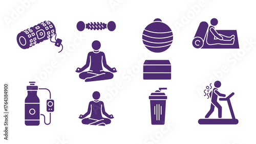Wellness icons: A collection of icons representing a spectrum of wellness practices, from yoga and meditation to gym equipment and healthy drinks.