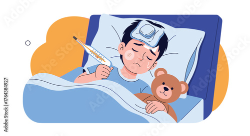 Sick child in bed with a thermometer and teddy bear.