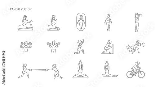 Cardio Vector Icons: A compilation of dynamic cardio exercise icons, depicting various fitness activities and movements for health and wellness.