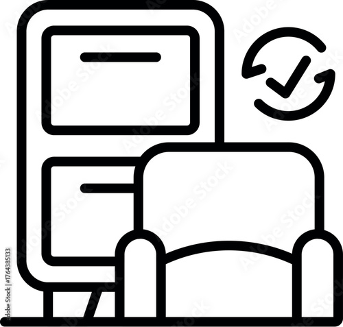 Armchair passing quality control with check mark, furniture production and quality assurance concept