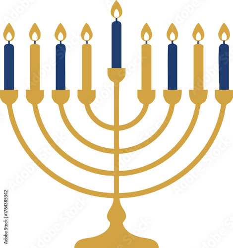 Hanukkah menorah with candles, Jewish holiday symbol, golden and blue vector illustration