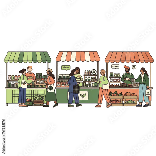 Illustration of people shopping at and operating colorful market stalls with various products on display against a clean white background.