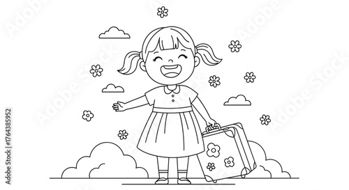 Happy girl with suitcase ready for adventure travel.