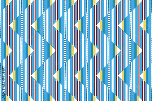 Seamless modern Thai tribal pattern with vertical geometric lines in blue, mustard yellow, white, and red tones. Ideal for fabric prints, wallpapers, ethnic fashion, home decor, and contemporary texti