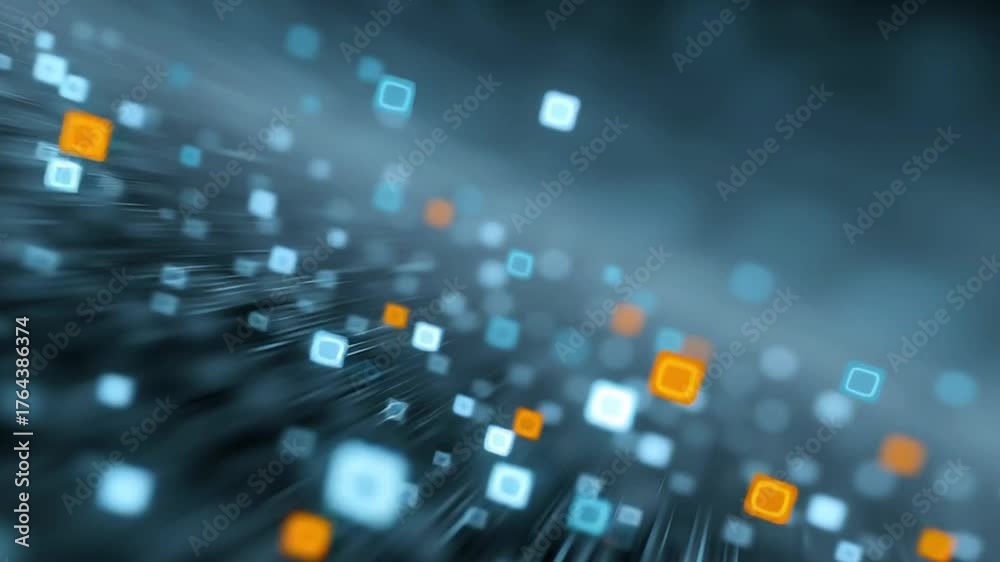 3D luminous cubes float and rotate in blue mist representing information flow and technological data network in abstract motion background