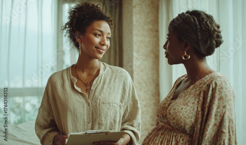 Pregnant woman receiving support from birthing professional