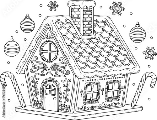 Black and white outline of a gingerbread house with candy canes and ornaments christmas
