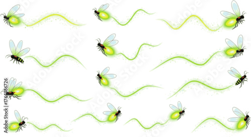 Firefly flying with trail clipart collection. Fireflies abstract illustration.
