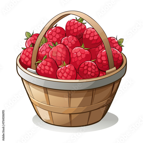 Wooden basket filled with fresh raspberries, tasty