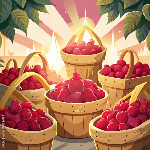 Baskets of freshly picked raspberries in a sunny orchard with green leaves