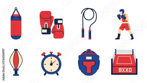Boxing Equipment in Illustration Style: This illustration showcases essential boxing equipment. The vibrant imagery is perfect for themes of fitness and training.