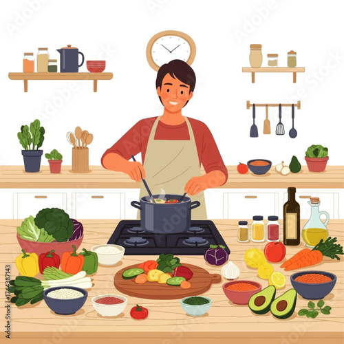 A cheerful woman cooking in a modern kitchen with various ingredients and utensils on the countertops and shelves.