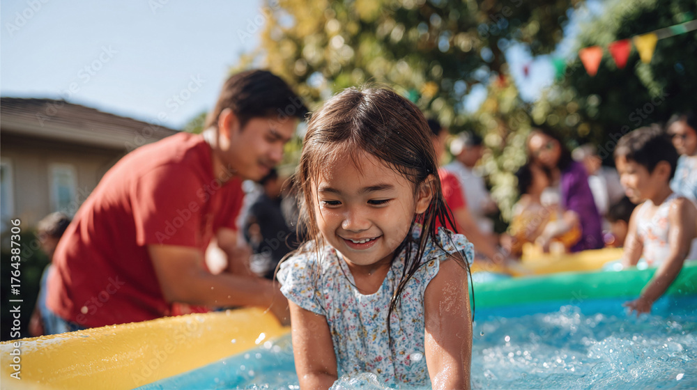 Obraz premium Joyful little girl splashing in a kiddie pool at a sunny backyard party. Family fun, summer vibes, childhood joy. Perfect for campaigns about family, summer, happiness.