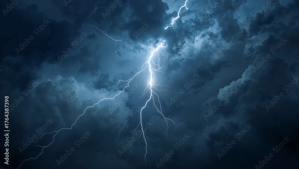 Fototapeta premium Striking vertical lightning bolt branching through cumulonimbus storm clouds, lighting formations
