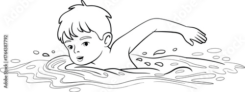 Child swimming line drawing, freestyle stroke illustration, kids water activity sketch, swimming technique art, sports education concept, aquatic motion design