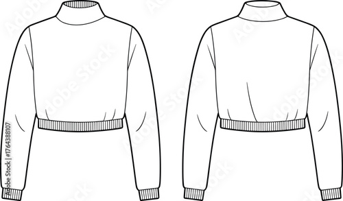 Fashion flat sketch of women cropped sweatshirt front and back view, long sleeve pullover with ribbed cuffs and hem vector illustration
