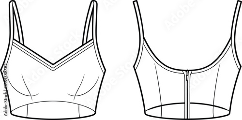 Fashion technical flat sketch of women cropped camisole top with double straps and back zipper closure for apparel design illustration