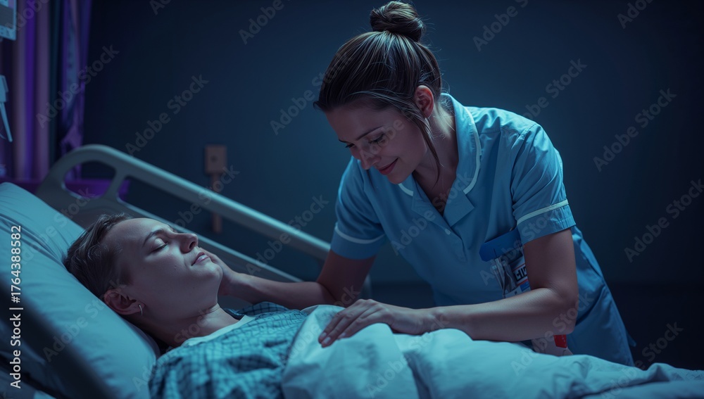 Obraz premium Leaning nurse in light blue uniform placing hand on white blanket covered patient in hospital room