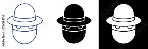Simple face with a hat and mask. Good for mystery, rebellion, or anonymity themes.