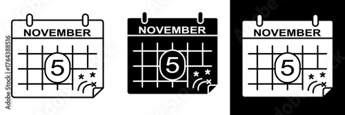 Calendar with the date November 5 marked. Perfect for Guy Fawkes Day or historical event designs.