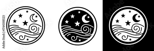 Illustration of stars and moon over swirling clouds. Good for astronomy, night festival, or weather themes.