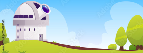 Daytime view of an observatory building with a dome, telescope, green trees, road, and blue sky.