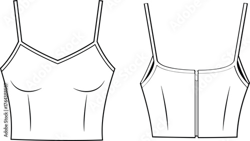 Fashion technical flat sketch of women fitted camisole top with thin straps and back zipper closure for apparel design illustration