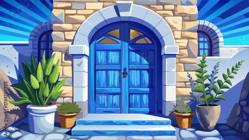 2. Very beautiful blue wooden door with whitewashed stone walls, embodying coastal serenity and minimalist English charm under soft natural light.
