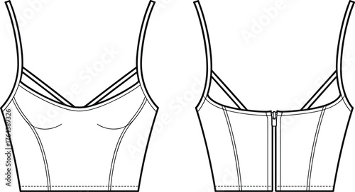 Fashion technical flat sketch of women crop camisole top with double straps and back zipper design for apparel vector illustration