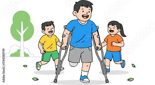 Happy diverse children, one with a prosthetic leg and crutches, walking together outdoors. Illustration emphasizes friendship, support, inclusion, celebrating resilience and joy in childhood