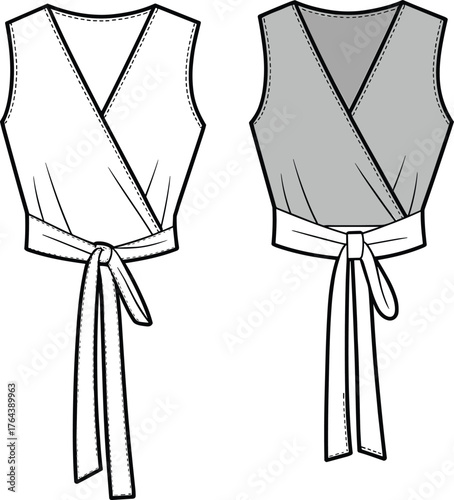 Fashion technical flat sketch of women sleeveless wrap crop top with wide tie belt and v-neck design for apparel illustration