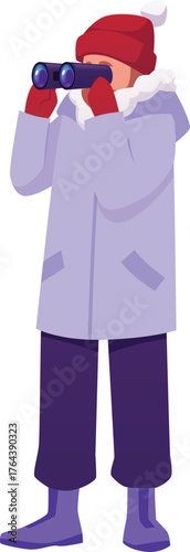 A man in winter clothes, jacket, pants, boots, and a hat looks through binoculars, full frame.