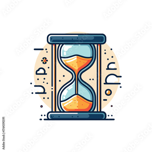 cartoon hourglass icon with flowing sand on a decorative circular background.