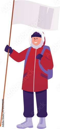 Scientist explorer character in warm winter outfit with flag and backpack, vector flat Arctic Polar expedition man staff