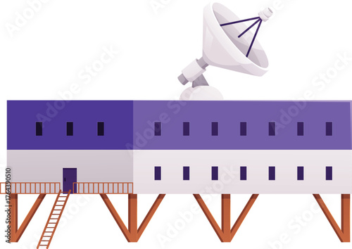 Polar expedition station, vector flat scientific base on North Pole, Arctic building on piles, ladder and satellite dish