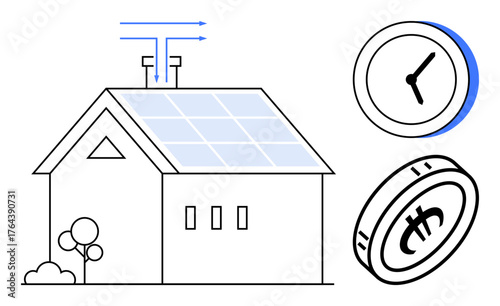 House with solar panels converting sunlight, coin for cost savings, clock for energy efficiency. Ideal for renewable energy, eco-living, clean power, sustainability, green technology, investment