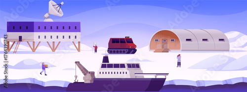 Antarctic polar station with buildings, people, equipment, and a ship.