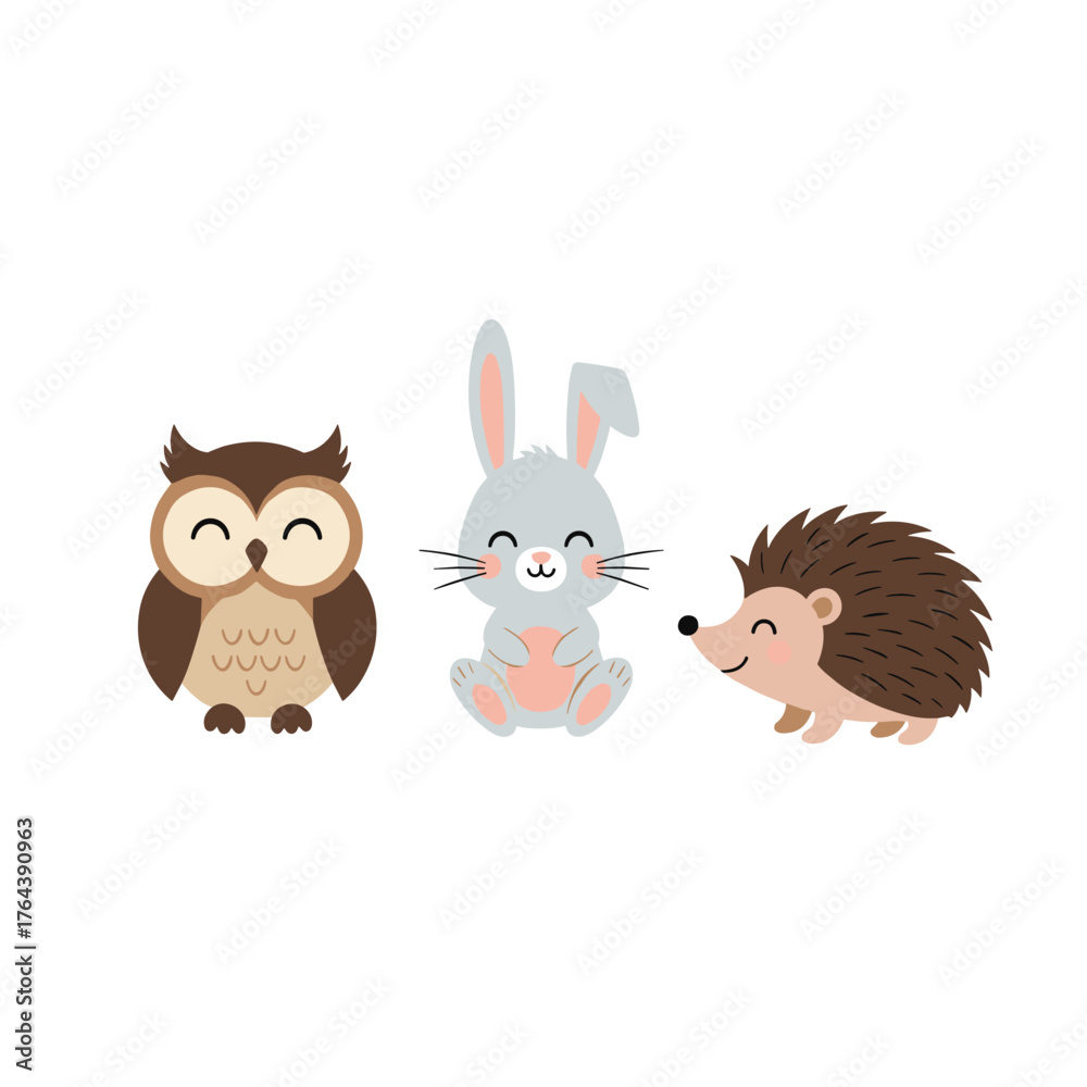 Fototapeta premium Cute Cartoon Owl, Rabbit, and Hedgehog Illustration.