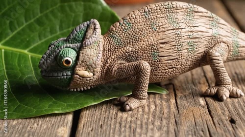 Plasticine chameleon shifting colors and textures on a green leaf and wooden table
