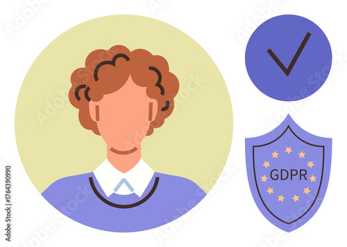 Avatar of person with curly hair, GDPR compliance shield, and checkmark symbolizing data protection. Ideal for privacy, security, user authentication, compliance, legal guidance, trust safety