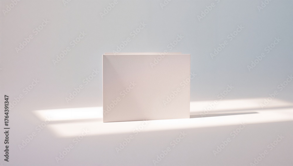 Fototapeta premium Displaying blank cardboard box standing upright in minimalist studio, with soft light beams