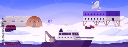 Polar expedition station on North Pole flat vector, Arctic landscape with ice breaker, buildings, vehicles, Polar bear