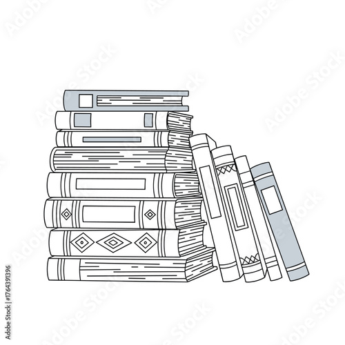 Stack of Books with Various Designs and Leaning Books.