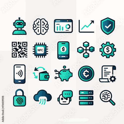 Modern technology icons representing finance, security, AI, data, and connectivity for digital innovation and business growth
