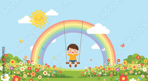Happy child swinging under a beautiful rainbow in the sky.