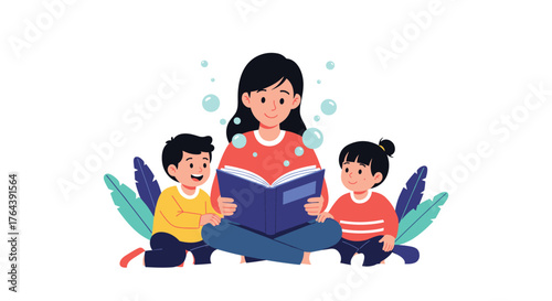Mother Reading Book to Children, Story Time and Education.