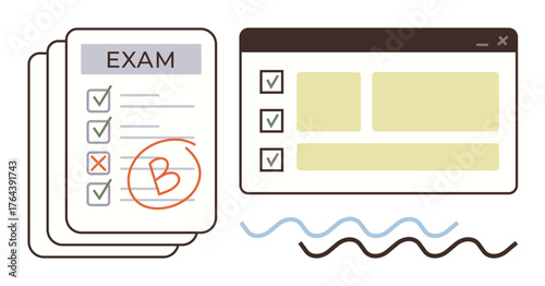Exam sheet with grades and ticked answers beside browser checklist view. Ideal for education, exam preparation, online learning, grade management, test evaluation, academic progress, simple flat